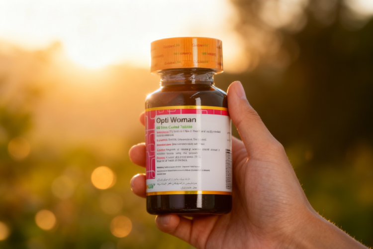 زمان مناسب مصرف اپتی وومن با تصویر قرص در دست